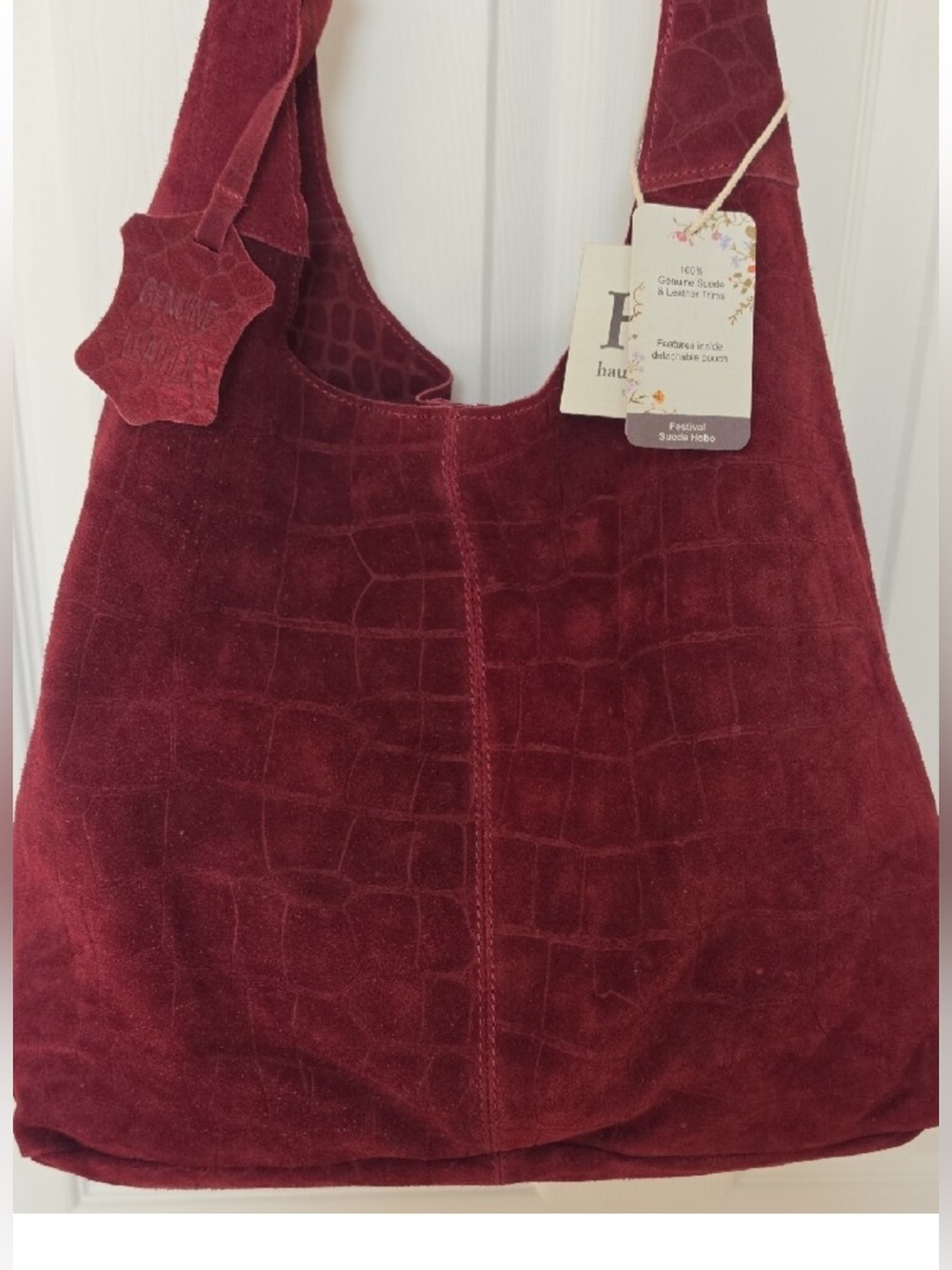 NWT! Haute Hippie Suede Burgundy Crocodile Slouchy Hobo w/ Detachable Small Bag - Picture 3 of 8